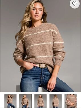 BKE Taupe Crewneck Sweater with Cream Stripes